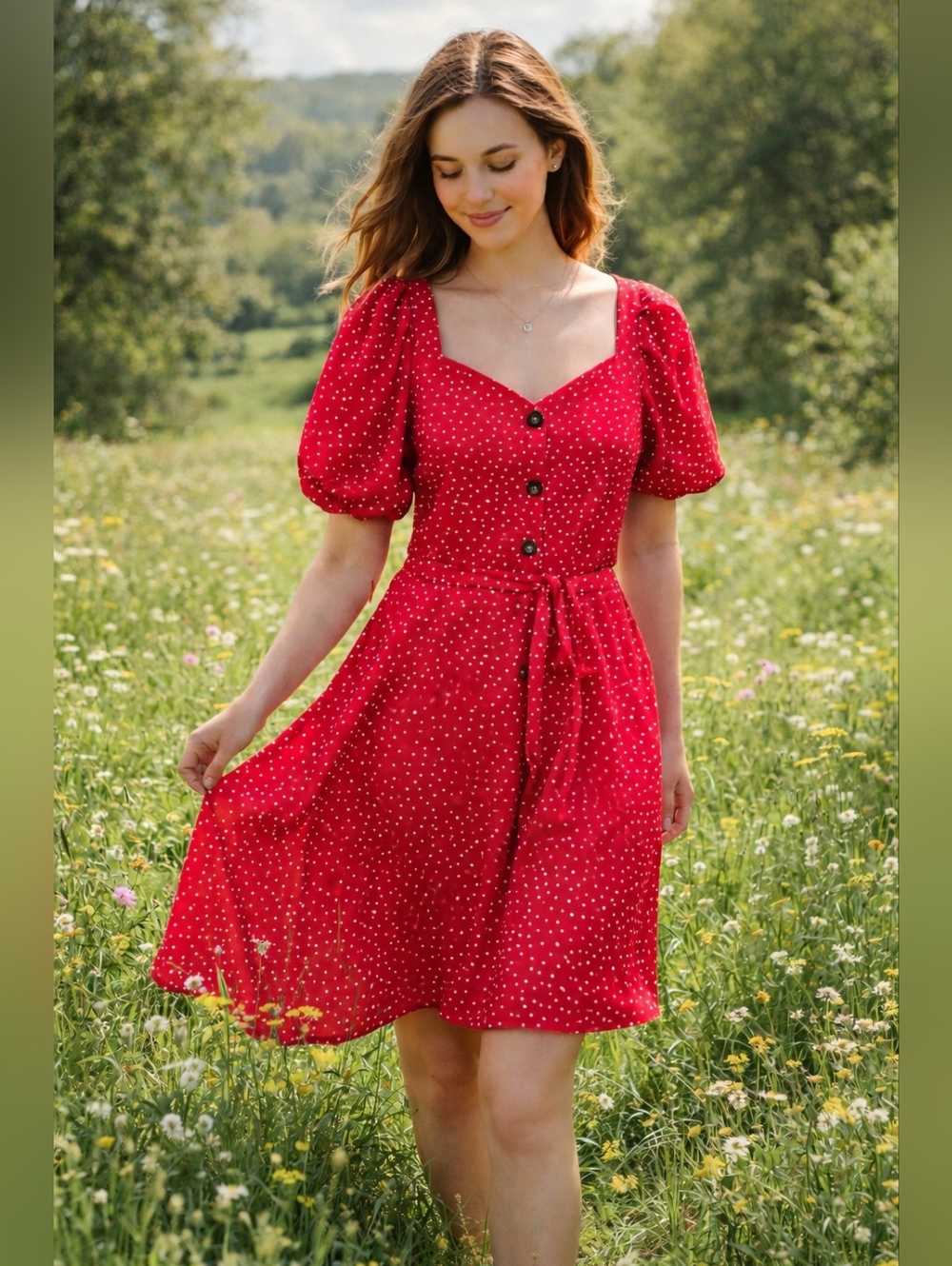 White-dots red dress with puff sleeves